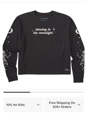 Life Is Good Black Long Sleeve Tee with White Moon & Skeleton Graphics